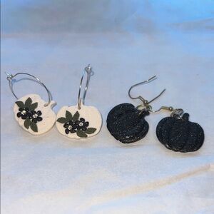 Homemade Clay Elegant Pumpkin Earrings Set - Black and White